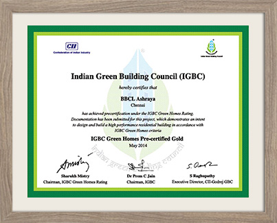IGBC Certificate to BBCL Ashraya - Builders in Chennai